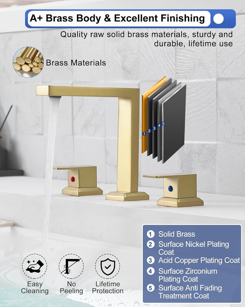 HEYMYTAP High Flow Gold Bathtub Faucet, Brass Bath Tub Faucet Set 3 Hole Roman Tub Faucets Deck Mounted Bathtub Faucet Set 2 Handle 1/2" NPT Female Cartridge Spout Reach 5.3inch - Image 5